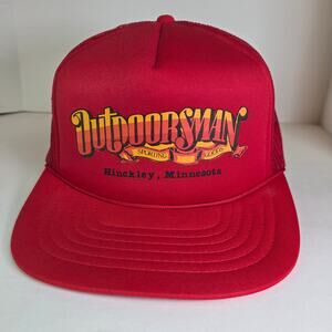 Vintage Outdoorsman Hinckley MN Trucker Hat Red Mesh Snapback Foam Front